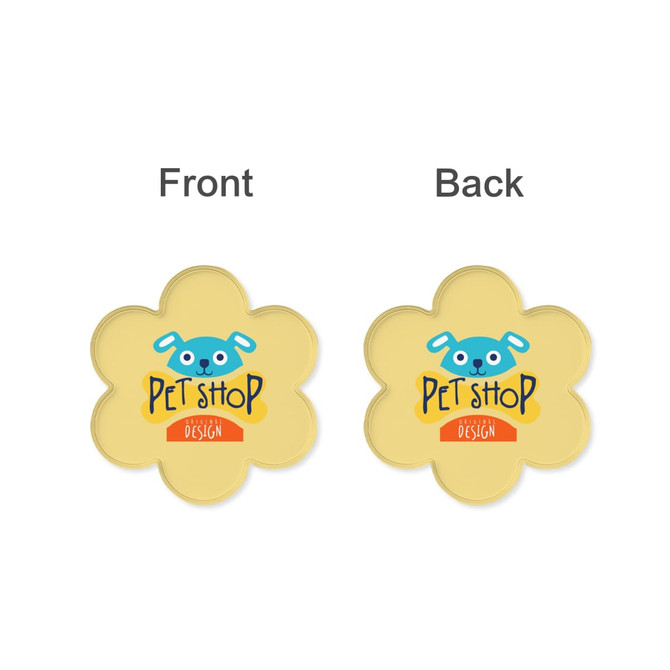 A custom clear acrylic coaster in a flower shape, featuring a blue dog design and yellow background on both sides.