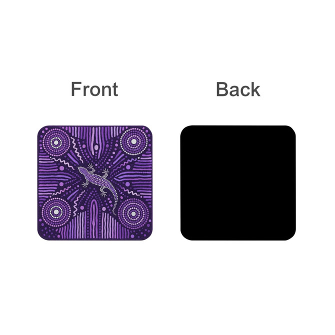 A square coaster featuring a vibrant purple Aboriginal design on the front, with a plain black back.