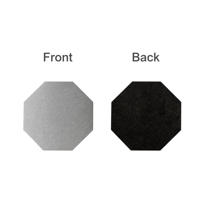 An octagonal metal coaster with a shiny silver front and a matte black back. Features branding on one side.