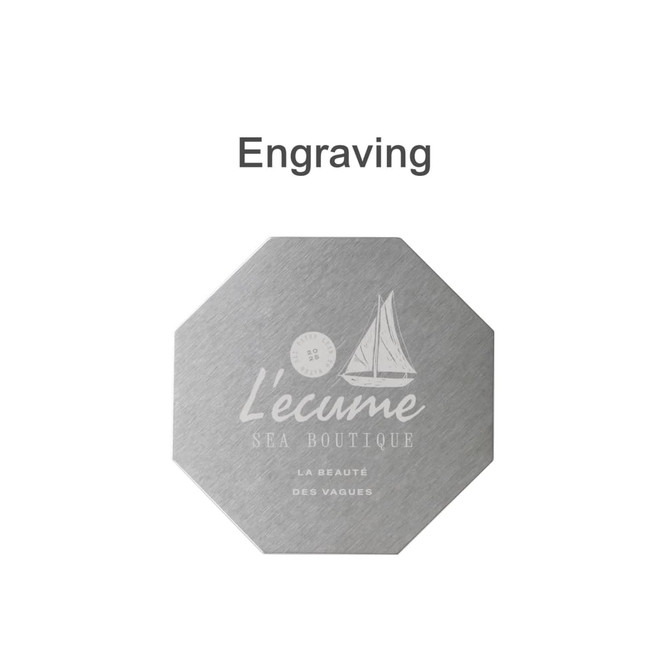 An octagonal metal coaster featuring a silver finish and a logo with a sailboat design.