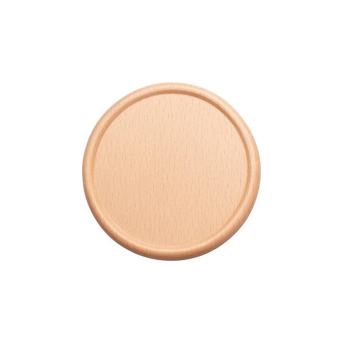 A round wooden coaster in a natural wood finish, featuring a smooth surface and a raised edge.