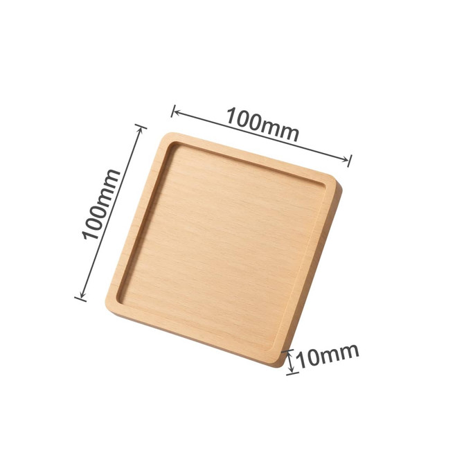 A square wooden coaster with natural wood finish, measuring 100mm by 100mm and 10mm in height.