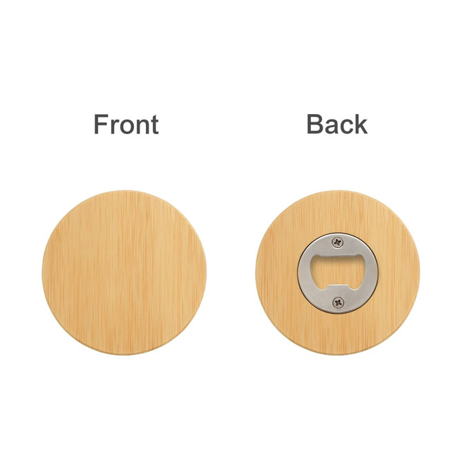A round bamboo coaster features a bottle opener on one side and a smooth bamboo surface on the other.