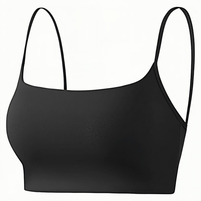 A black seamless thin-strap U-back yoga crop bra tank with a simple, sleek design.