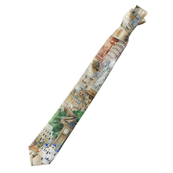 A printed tie featuring a vibrant collage of famous landmarks in various colours. The tie has a logo.