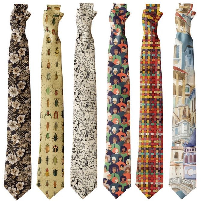 A collection of six 8cm wide polyester printed ties featuring various floral, insect, and abstract designs in multiple colours.
