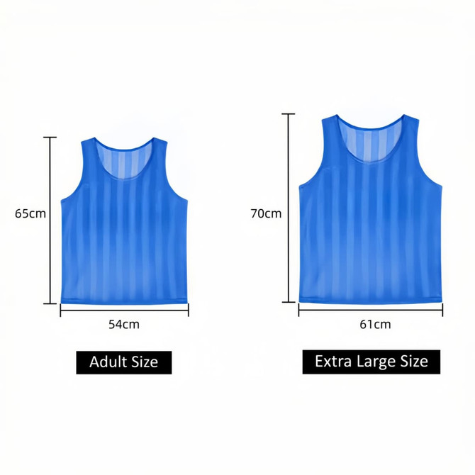 A blue mesh training bib featuring two sizes: Adult and Extra Large, with measurements indicated.