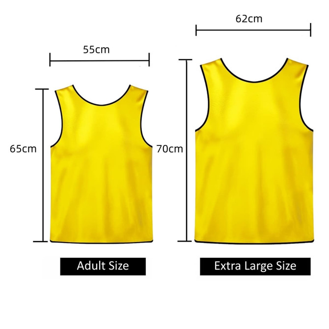A yellow training bib featuring adult and extra-large size dimensions displayed. It has a branding logo.