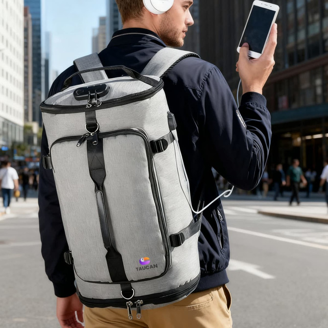 A grey convertible bucket backpack duffel bag with black straps, held by a man in an urban setting, listening to music.