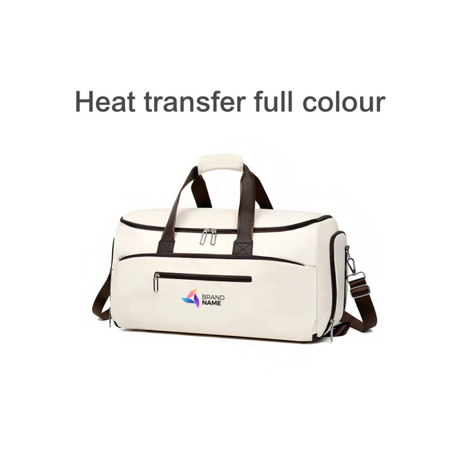 A convertible backpack duffel garment bag in cream with brown accents and a branding logo.