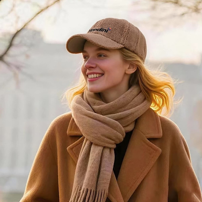 A beige lamb fur baseball cap worn by a smiling woman with blonde hair, paired with a matching scarf and coat.