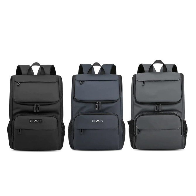 A sleek business laptop backpack in black, navy, and dark grey, featuring multiple pockets and a logo.