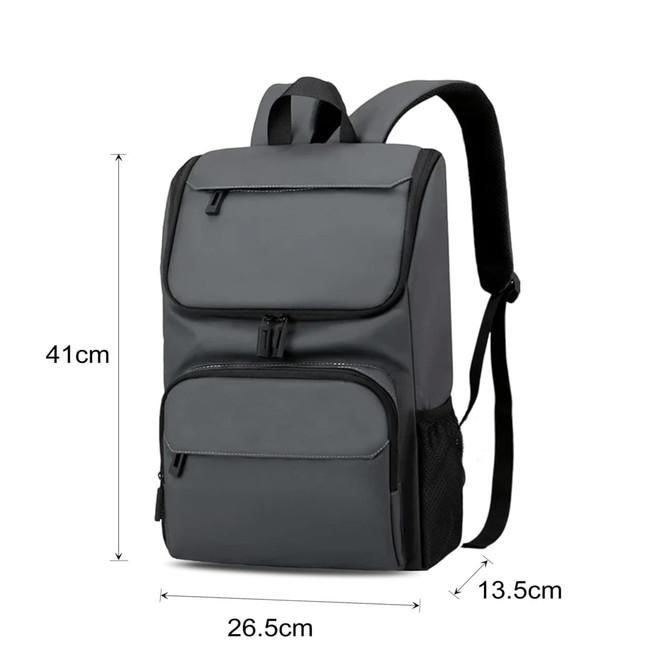 A grey business laptop backpack with multiple compartments and adjustable straps, featuring a logo on the front.