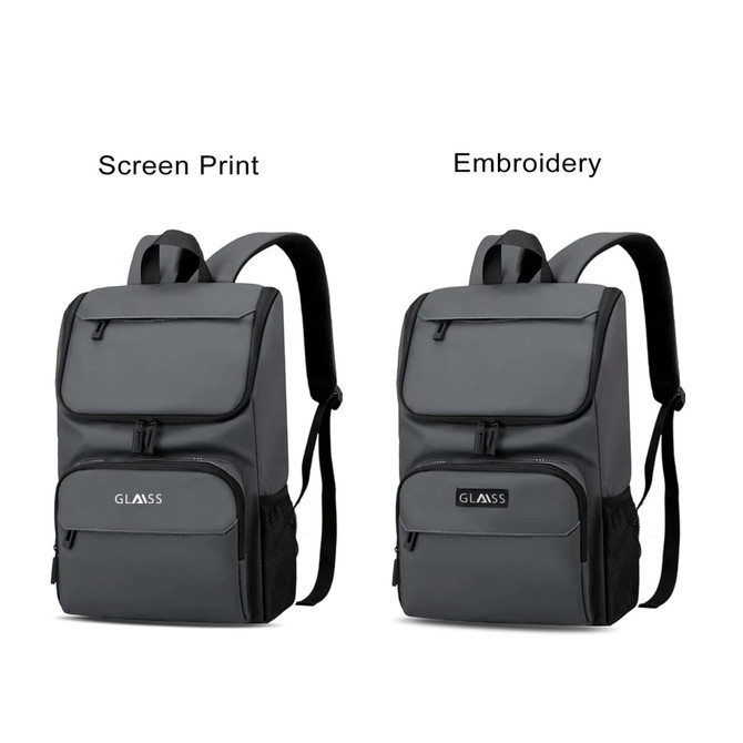 A grey business laptop backpack featuring two styles: screen print and embroidery, with multiple compartments.