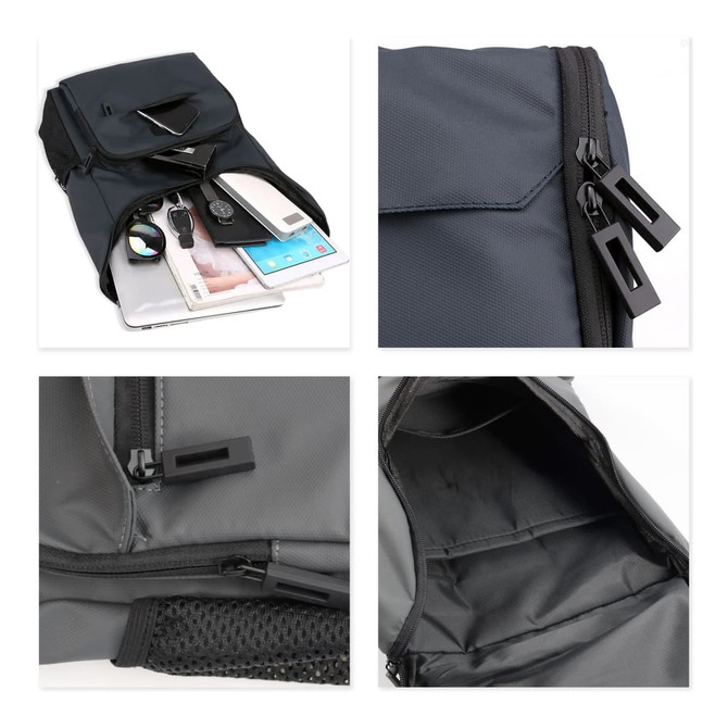 A navy business laptop backpack featuring multiple compartments, zippers, and a sleek design. Includes a logo.