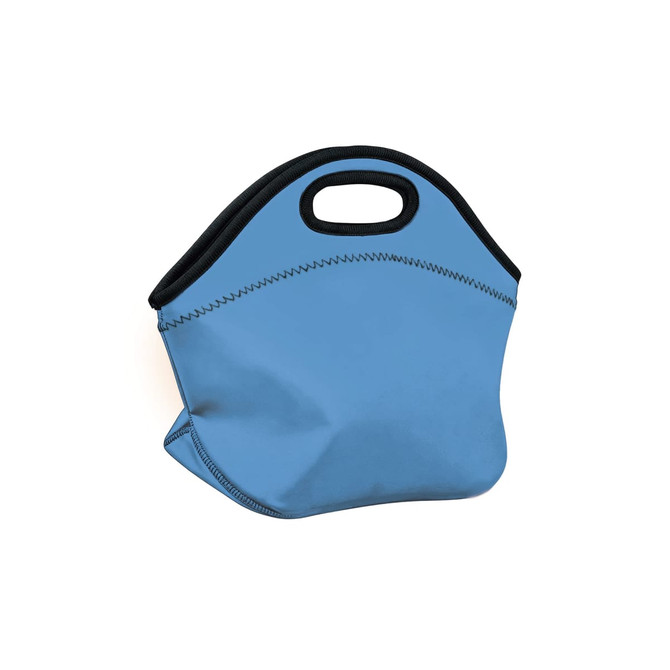 A light blue neoprene lunch bag with a black trim and handles, featuring a simple design and flexible shape.