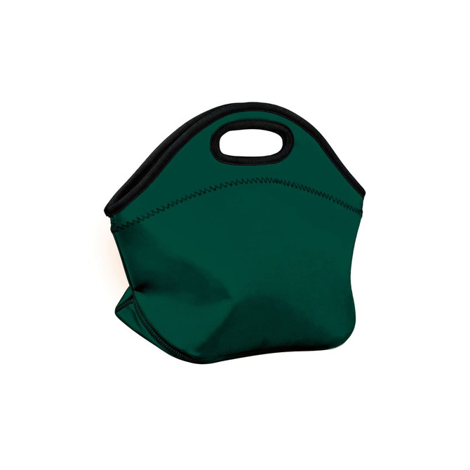 A green neoprene lunch bag with a sturdy handle and a sleek design. It features contrasting black trim and stitching.