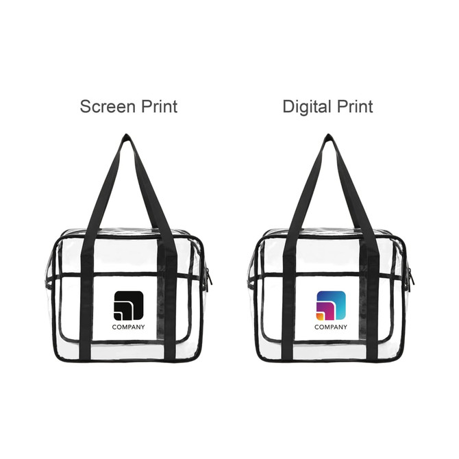 A clear tote handbag with black handles, featuring two different print designs on the front.
