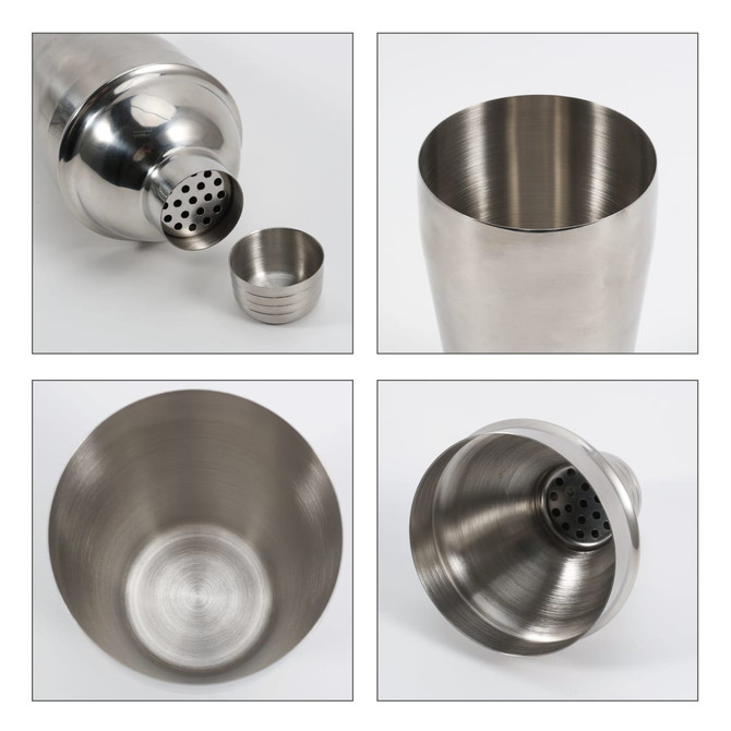 A stainless steel cocktail shaker with a strainer, showcasing its polished interior and exterior. Features a logo.