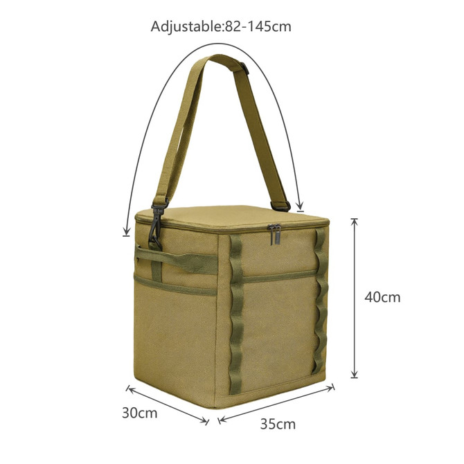 A foldable insulated cooler bag in khaki, featuring an adjustable strap and multiple compartments.