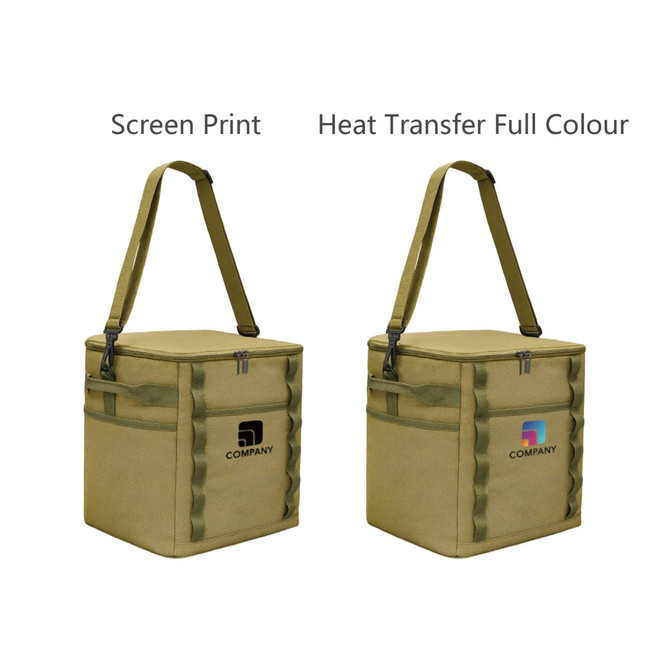 A foldable insulated cooler bag in khaki, featuring adjustable straps and logos on each side.