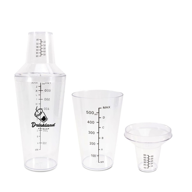 A drink bottle set featuring a clear shaker, measuring cup, and funnel, with a logo displayed on the shaker.