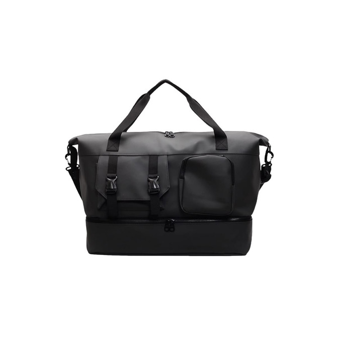 A black travel weekender bag featuring multiple pockets, sturdy handles, and a detachable strap.