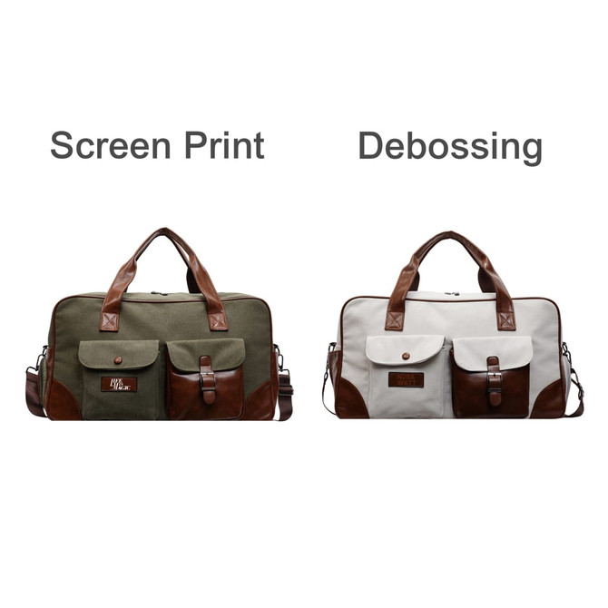 A vintage canvas duffle bag in khaki and brown with multiple pockets and a grey variant featuring brown accents.