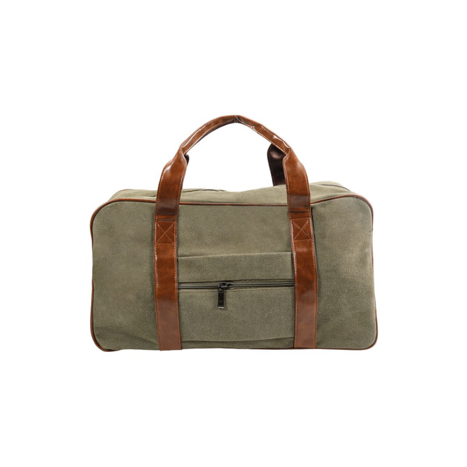 A vintage canvas duffle bag in olive green with brown leather handles and a zippered front pocket.