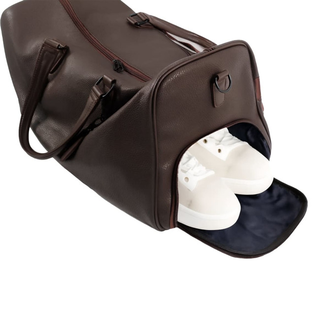 A brown polyurethane duffle bag with a zippered opening, revealing white shoes inside. It has handles and a logo.