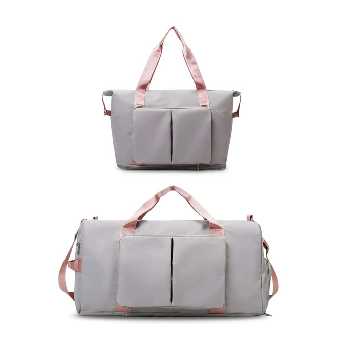 A grey foldable sports duffle bag with pink straps and front pockets, shown in two different sizes.