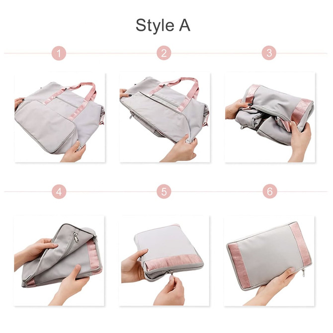 A foldable sports duffle bag in grey and pink, demonstrating various styles of use and folding. Includes a logo.
