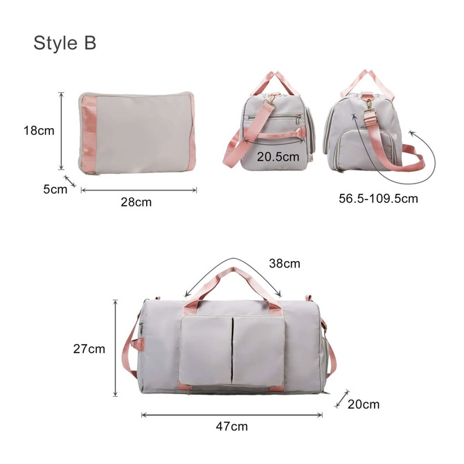 A foldable sports duffle bag in grey with pink accents, featuring adjustable straps and multiple compartments.