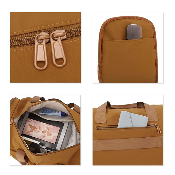 A foldable travel duffle bag in a warm brown colour, featuring zippers, an outer pocket, and interior compartments.