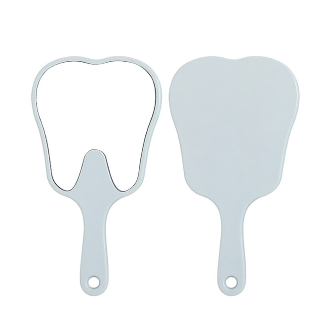 A tooth-shaped face mirror in white with a handle, featuring a glossy reflective surface.