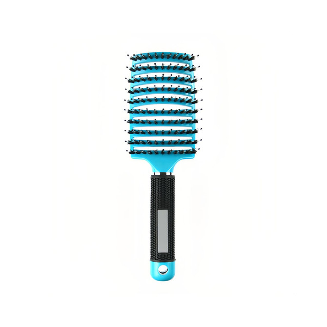 A blue detangler bristle hairbrush featuring a textured black handle and a logo on the side.