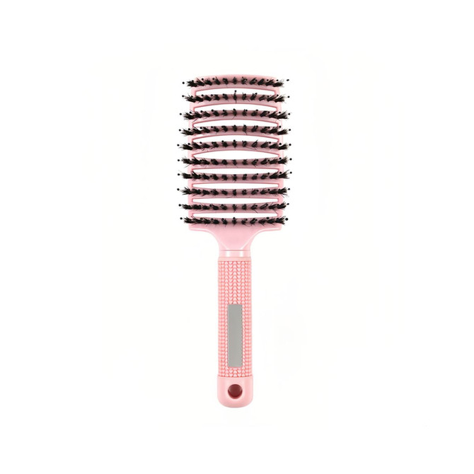 A pink Detangler Bristle Hairbrush with a textured handle and rounded bristles, designed for smooth hair detangling.