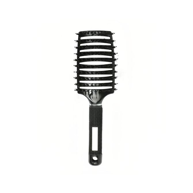 A black detangler bristle hairbrush with a rubber grip handle and spaced bristles for easy untangling.