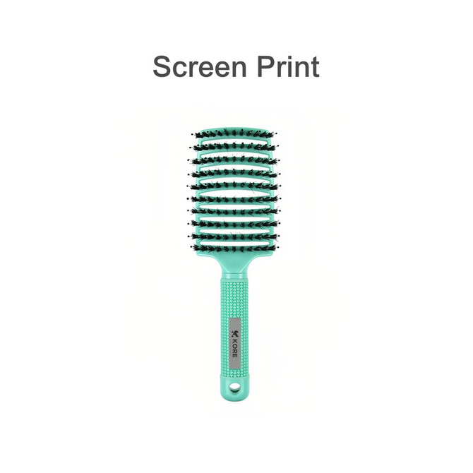 A teal detangler bristle hairbrush with a textured handle and a logo on the side.