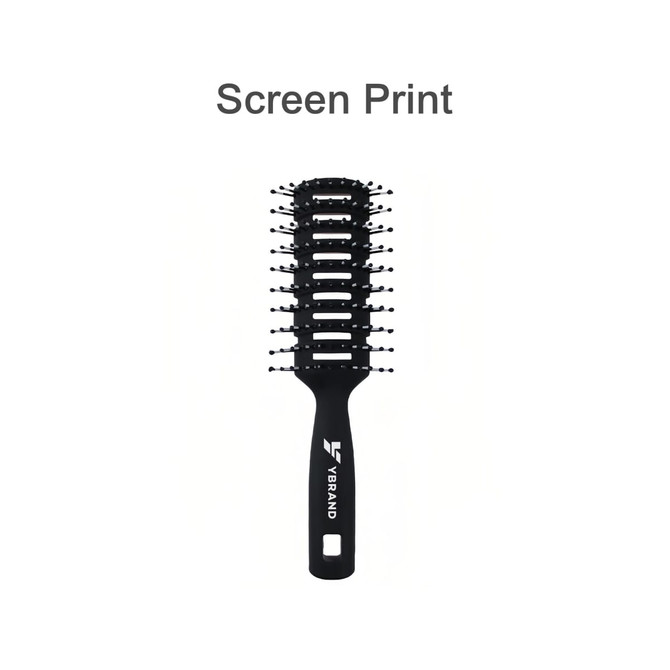 A black vent hair brush with wide teeth and a handle featuring a logo.