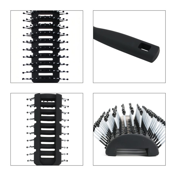 A hair brush featuring a black ergonomic design with vented sections and plastic bristles. It includes a logo.