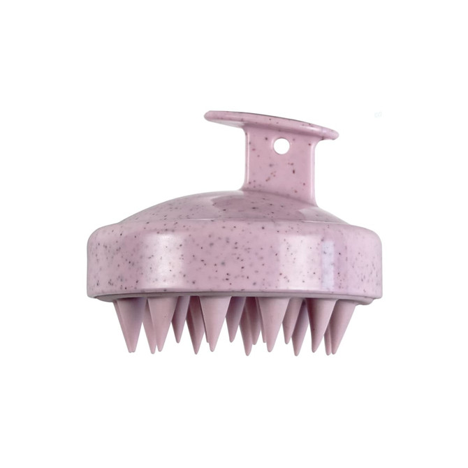 A pink hair scalp massager with soft, pointed tips for gentle massage, featuring a hanging hook.