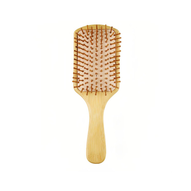 A bamboo hair comb featuring a rectangular head and a wooden handle, with evenly spaced bristles in a light brown hue.