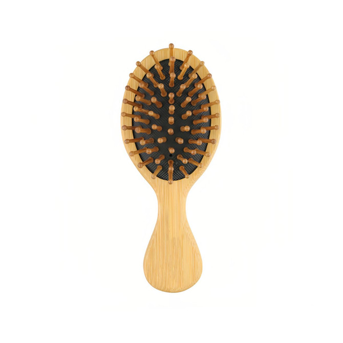 A bamboo comb featuring a rounded design with wooden bristles and a black base, ideal for hair styling.
