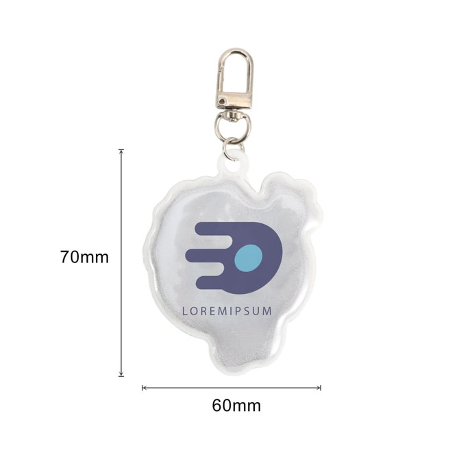 A custom-shaped reflective keychain in clear material with a logo, measuring 70mm by 60mm.