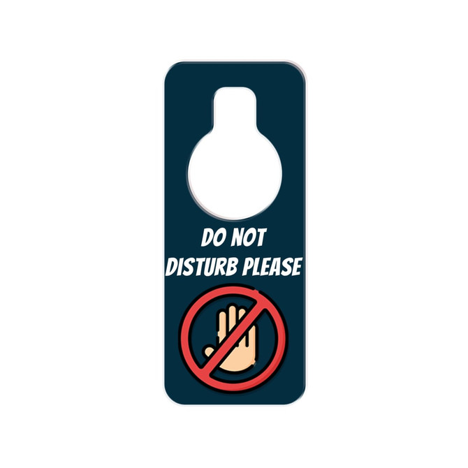 A custom shape acrylic door hanger in dark blue with a hand symbol and a hole for hanging.