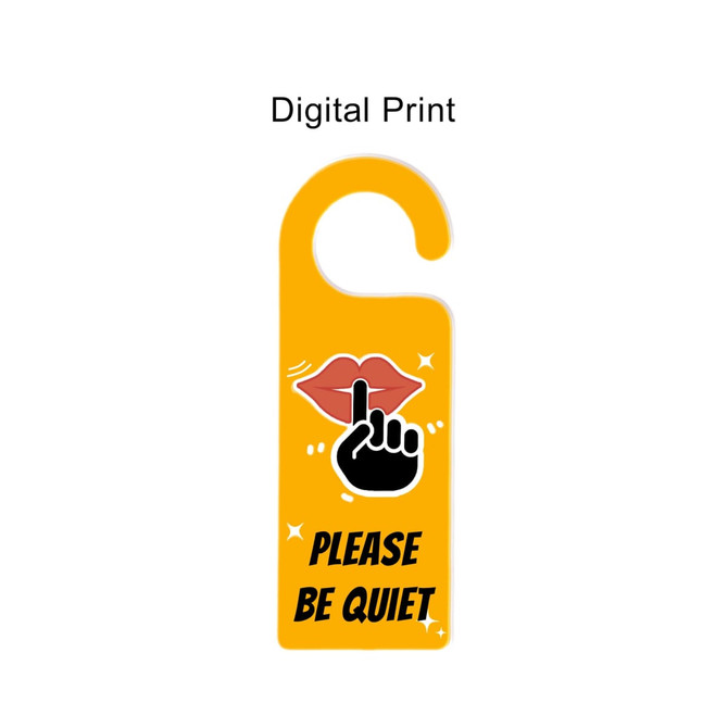 A custom shape acrylic door hanger in bright yellow, featuring a design of lips and a finger shushing.
