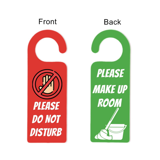 A custom shape acrylic door hanger with a red "Do Not Disturb" front and a green "Make Up Room" back, featuring icons.