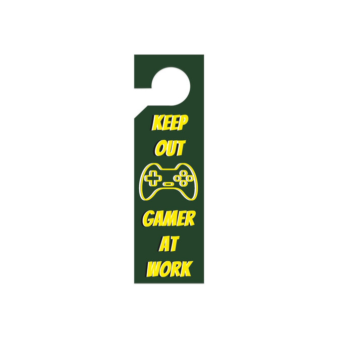 A green custom-shaped PVC door hanger with text and a game controller graphic. It features a hanging hole.