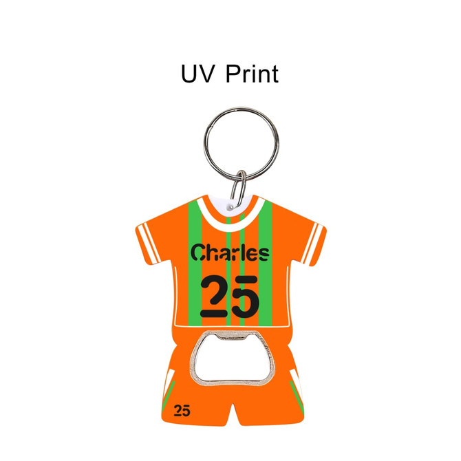 A drink bottle opener keyring shaped like an orange sports jersey, featuring a logo and number design.